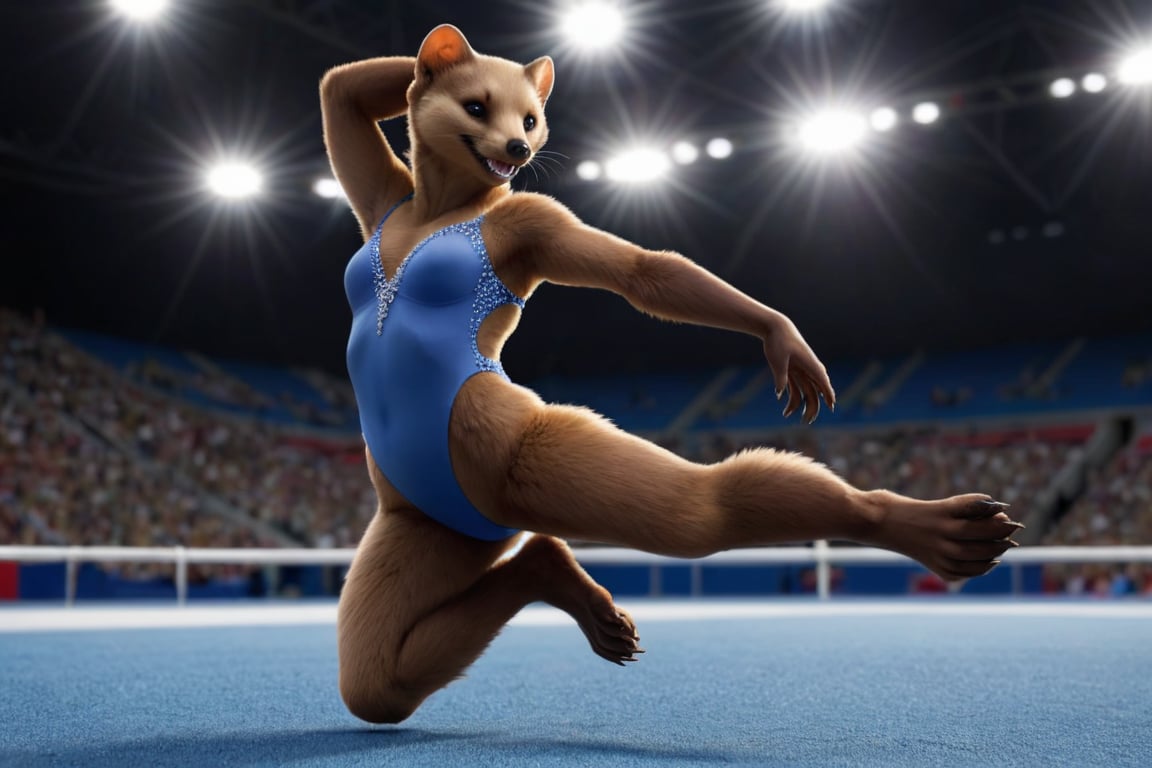 full body image, establishing shot,  photorealism, photorealistic, solo (female anthro pine marten gymnast:1.3), open smile, detailed fur, long tail, (she is wearing a blu leotard decorated with rhinestones), She is in olympic gymnastic performance on a blue floor.  her body is supple and graceful and her poses are elegant,  Her handpaws have five fingers with claws, her footpaws have five toes with claws, (She has a very long and thin torso, she has very short legs:1.3), arena with crowd in shadow in far distance, (the floor is completely blue), eligant athletic female gymnast performing a leap