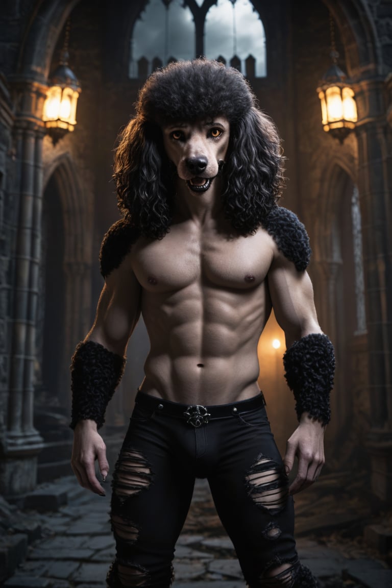 realistic, realism, large male were-poodle, fangs, ripped pants, bulge, gothic castle, dark, moody, filtered lights, thick fur, amber eyes,