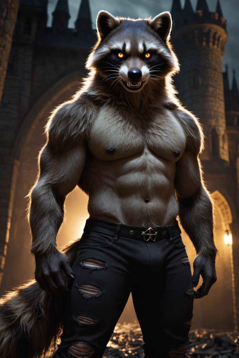 realistic, realism, large male were-raccoon, fangs, ripped pants, bulge, gothic castle, dark, moody, filtered lights, thick fur, amber eyes, raccoon tail, 