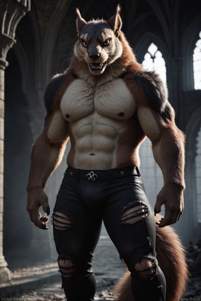 realistic, realism, large male weresquirrel, fangs, ripped pants, bulge, gothic castle, dark, moody, filtered lights, thick fur, amber eyes,