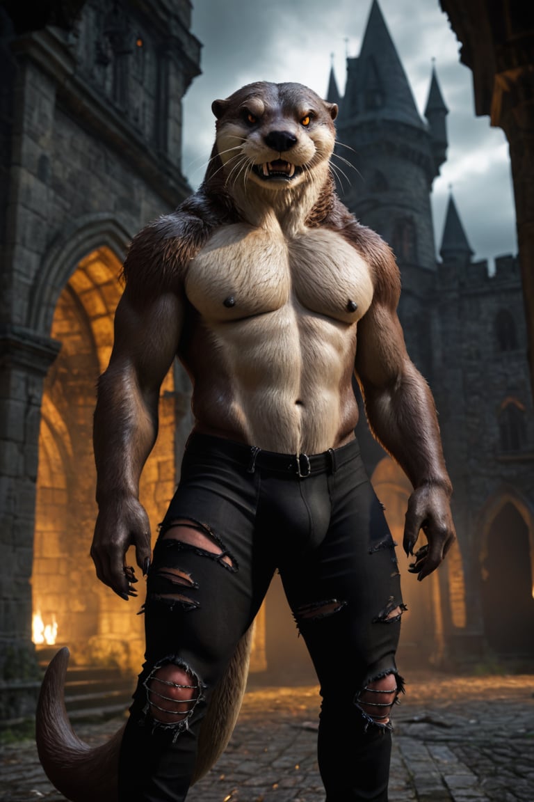 realistic, realism, large male were-otter, fangs, ripped pants, bulge, gothic castle, dark, moody, filtered lights, thick fur, amber eyes, tail, 