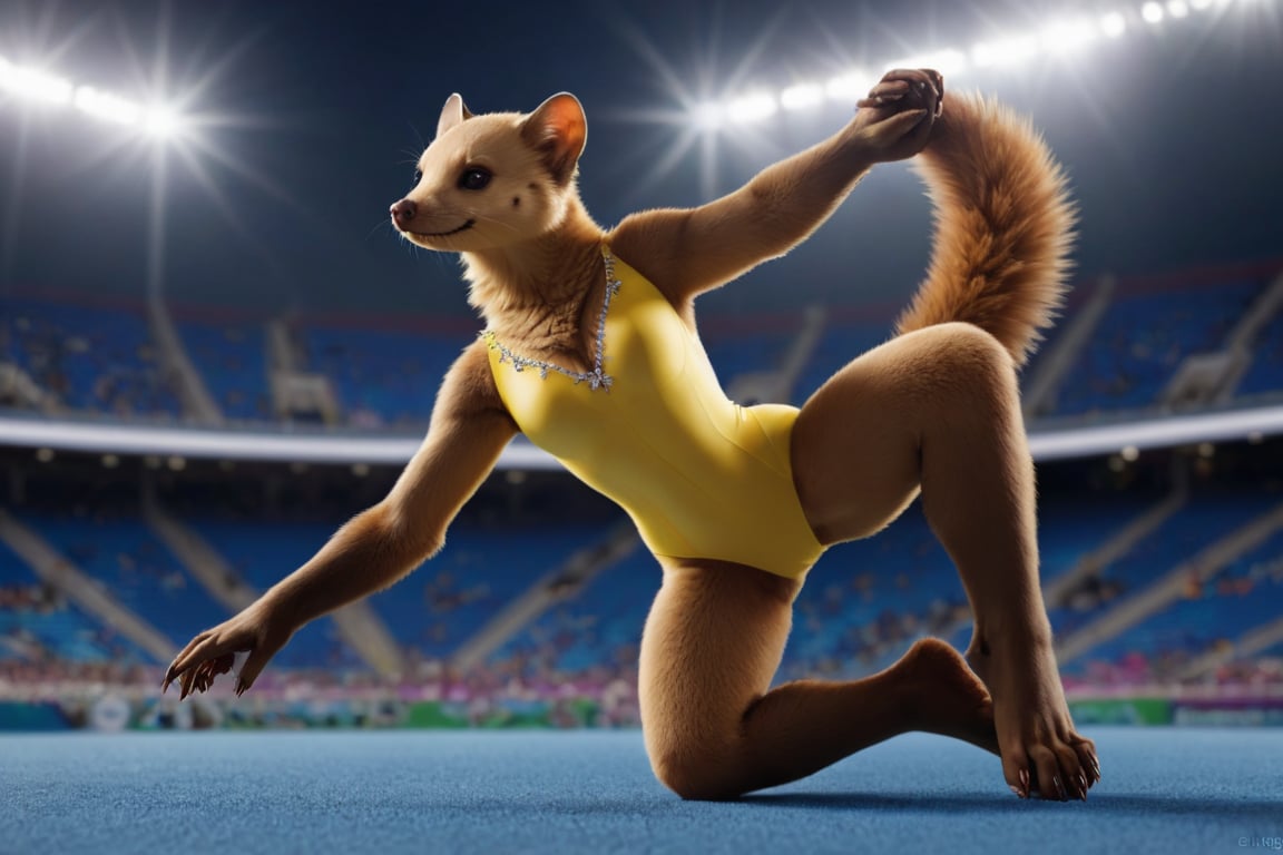 full body image, establishing shot,  photorealism, photorealistic, solo (female anthro pine marten gymnast:1.3),  detailed fur, (long tail), (she is wearing a yellow leotard decorated with rhinestones), She is in olympic gymnastic performance on a blue floor.  her body is supple and graceful and her poses are elegant,  Her handpaws have five fingers with claws, her footpaws have five toes with claws, (She has a very long and thin torso, she has very short legs:1.3), arena with crowd in shadow in far distance, (the floor is completely blue), eligant athletic female gymnast standing on one leg, 