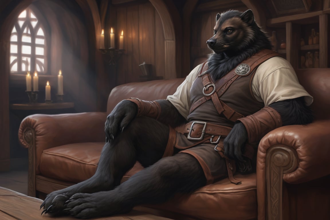 realistic, full-length portrait, ((male anthro wolverine, light brown color natural fur, full black chest fur, full black abdomen fur)), Tan brow fur, black face fur, (((slightly rounded ears, smaller ears, ears on side of head))),  He has a long torso and a medium length bushy tail,  (rugged plantigrade footpaws with five toes and black claws), (muscular, chubby:0.6), seated in a large couch inside a dark and crowded medeival tavern, (((He is dressed like a medieval D&D ranger with adventurer gear))),