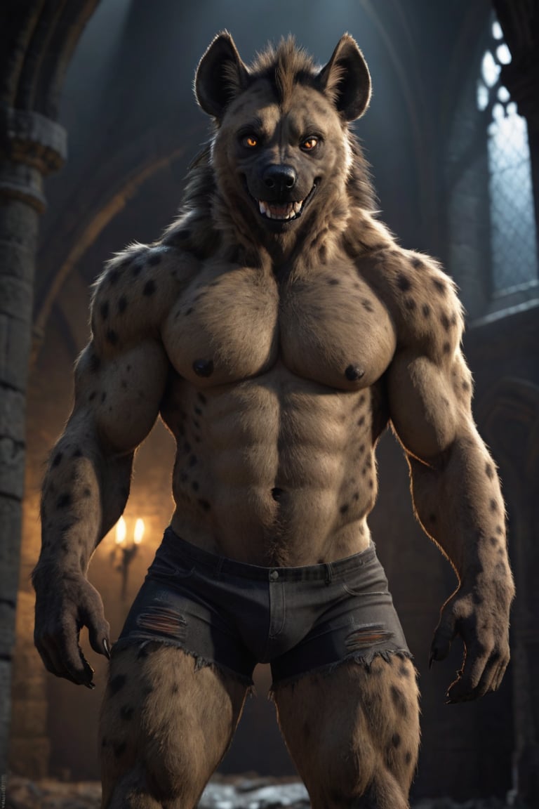 realistic, realism, large male werehyena, happy expression, fangs, ripped shorts, bulge, gothic castle, dark, moody, filtered lights, thick fur, amber eyes,