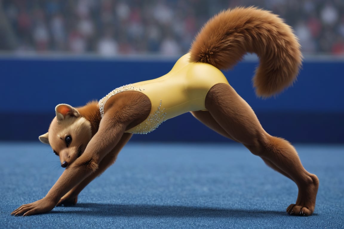 full body image, establishing shot,  photorealism, photorealistic, solo (female anthro pine marten gymnast:1.3),  detailed fur, (long tail), (she is wearing a yellow leotard decorated with rhinestones), She is in olympic gymnastic performance on a blue floor.  her body is supple and graceful and her poses are elegant,  Her handpaws have five fingers with claws, her footpaws have five toes with claws, (She has a very long and thin torso, she has very short legs:1.3), arena with crowd in shadow in far distance, (the floor is completely blue), eligant athletic female gymnast performing a straight arm and leg handstand, 