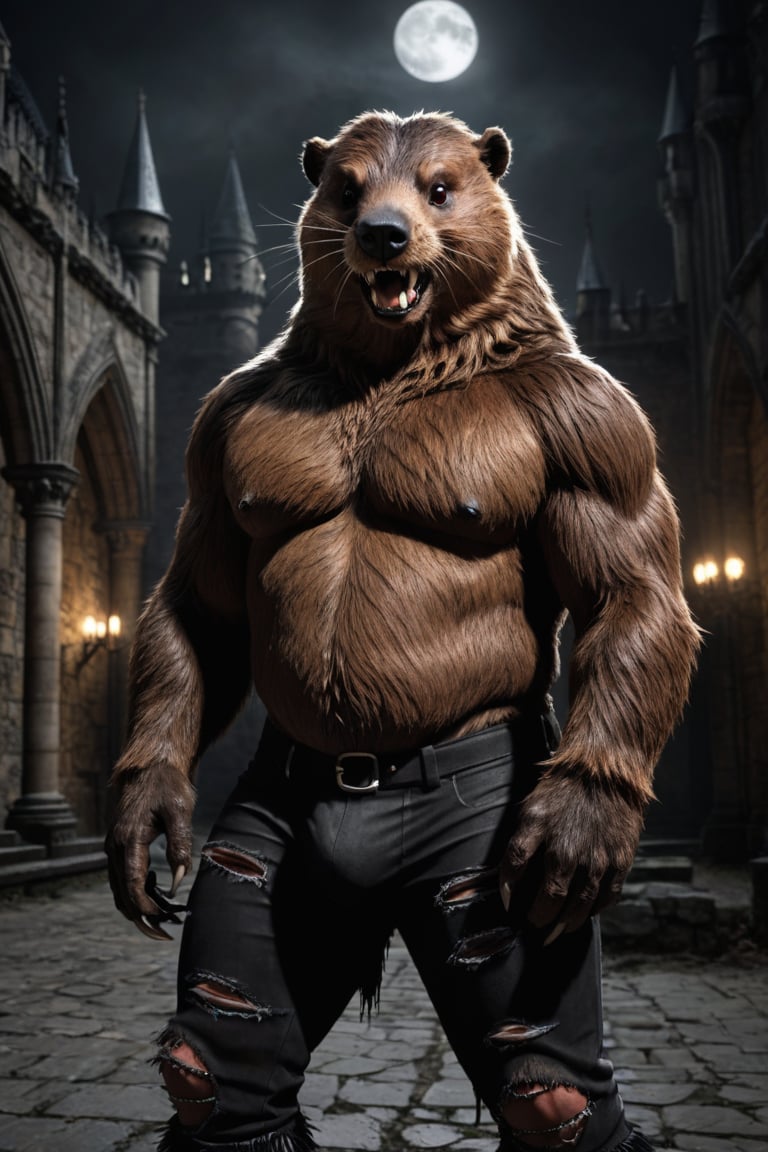 realistic, realism, large male were-beaver, fangs, ripped pants, bulge, gothic castle, dark, moody, filtered lights, thick fur, amber eyes, beaver tail, 