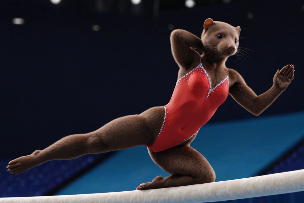 full body image, establishing shot, photorealism, photorealistic, solo (female anthro mink gymnast with brown fur:1.3), long tail, short ears, she is wearing a red leotard decorated with rhinestones, She is in olympic gymnastic performance.  her body is supple and graceful and her poses are elegant,  Her handpaws have five fingers with claws, her footpaws have five toes with claws, (She has a very long and thin torso, she has very short legs:1.3), (the floor is completely blue), splits, balance beam,