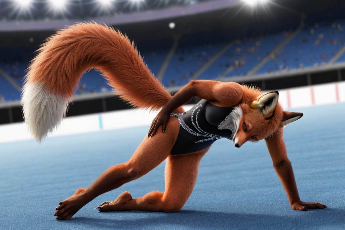 full body image, establishing shot,  photorealism, photorealistic, solo (female anthro red fox gymnast:1.3),  detailed fur, brown nose, (tail:1.3), (she is wearing a  black leotard decorated with rhinestones), She is in olympic gymnastic performance on a blue floor.  her body is supple and graceful and her poses are elegant,  Her handpaws have five fingers with claws, her footpaws have five toes with claws, (She has a very long and thin torso, she has very short legs:1.3), arena with crowd in shadow in far distance, (the floor is completely blue), graceful athletic female gymnast performing downward dog