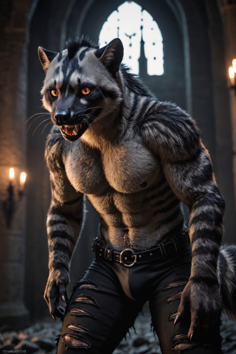 realistic, realism, large male were-civet, fangs, ripped pants, bulge, gothic castle, dark, moody, filtered lights, thick fur, amber eyes,