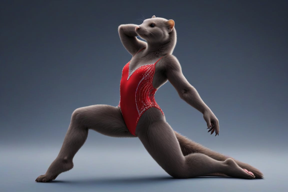 full body image, photorealism, photorealistic, solo (female anthro mink gymnast with grey fur:1.3), long tail, short ears, she is wearing a red leotard decorated with rhinestones, She is in olympic gymnastic performance.  her body is supple and graceful and her poses are elegant,  Her handpaws have five fingers with claws, her footpaws have five toes with claws, (She has a very long torso, she has very short legs:1.3), (the floor is completely blue)  