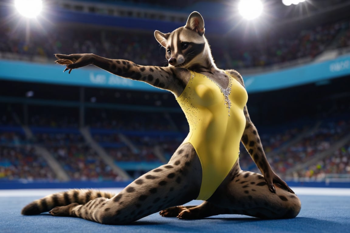 full body image, establishing shot,  photorealism, photorealistic, solo (female anthro civet gymnast:1.3),  detailed fur, long tail, (she is wearing a green and yellow leotard decorated with rhinestones), She is in olympic gymnastic performance on a blue floor.  her body is supple and graceful and her poses are elegant,  Her handpaws have five fingers with claws, her footpaws have five toes with claws, (She has a very long and thin torso, she has very short legs:1.3), arena with crowd in shadow in far distance, (the floor is completely blue), graceful athletic female gymnast performing an eligant back bend