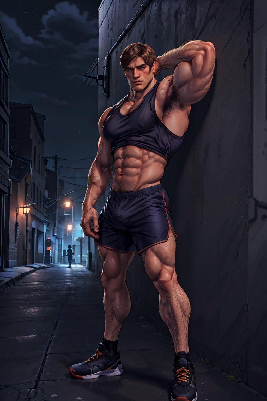 re2leon, beefcake, (big pecs:1.3), full body, (full body hair:1.3), (hairy armpits:1.2), (hairy legs:1.1), absurdres, 4k, city alleyway, night, cropped tank top, basketball shorts, (leaning on wall:1.2), (hand on hip:1.3)