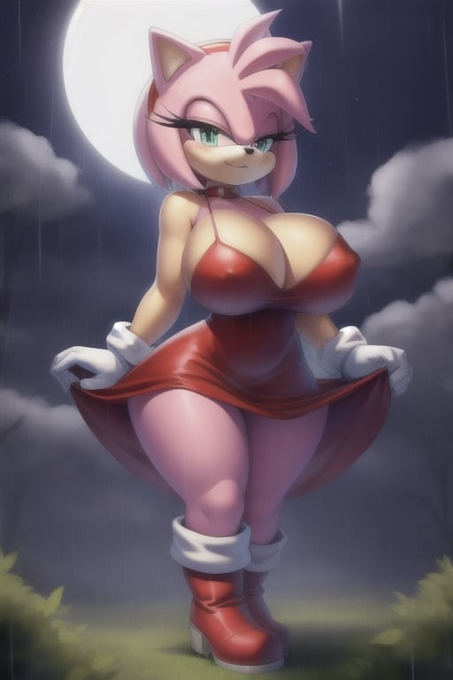 forest, night, clouds, rain, amy rose, red headband, short hair, sonic the hedgehog \(series\), boots, gloves, dress
Big breasts, Curvy,