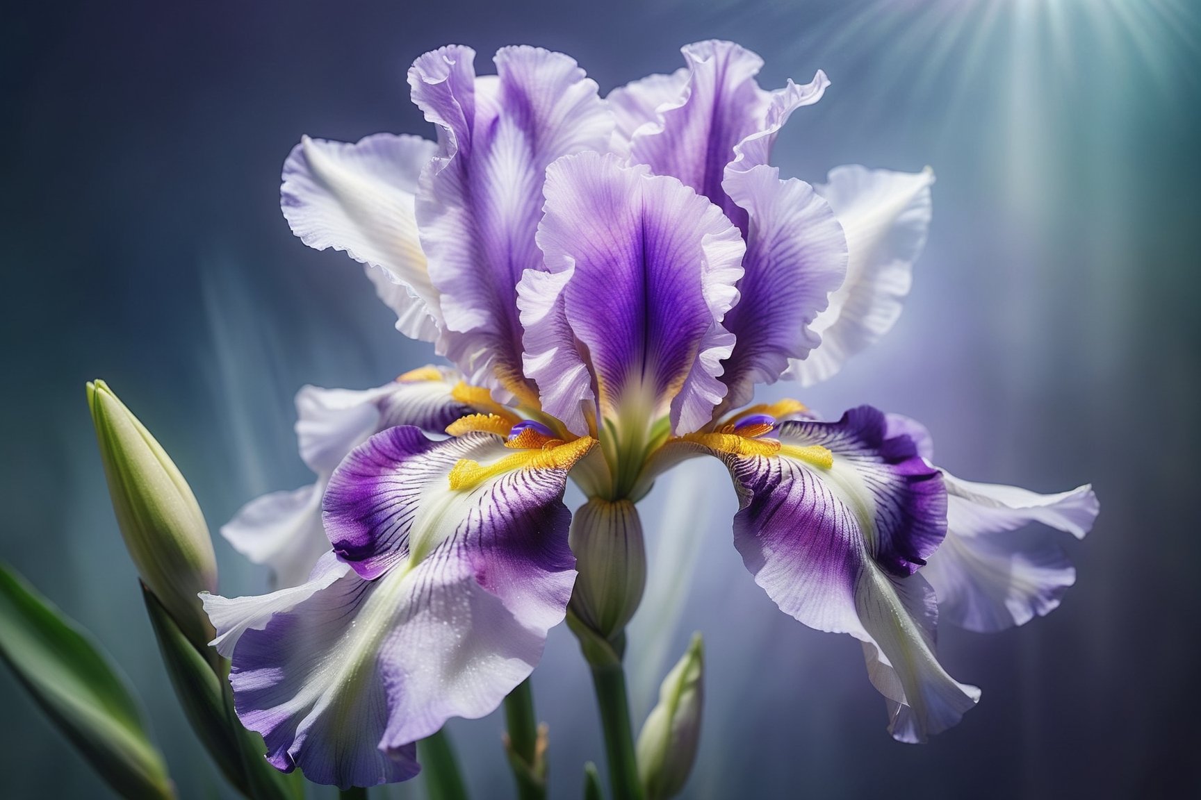 highly detailed, a purple white iris blossom in a soft misty mood, soft lighting, realistic illustration, semi transparent glass like, extremely close up, low contrast, 8k, FlowerStyle, FlowerStyle,FlowerStyle