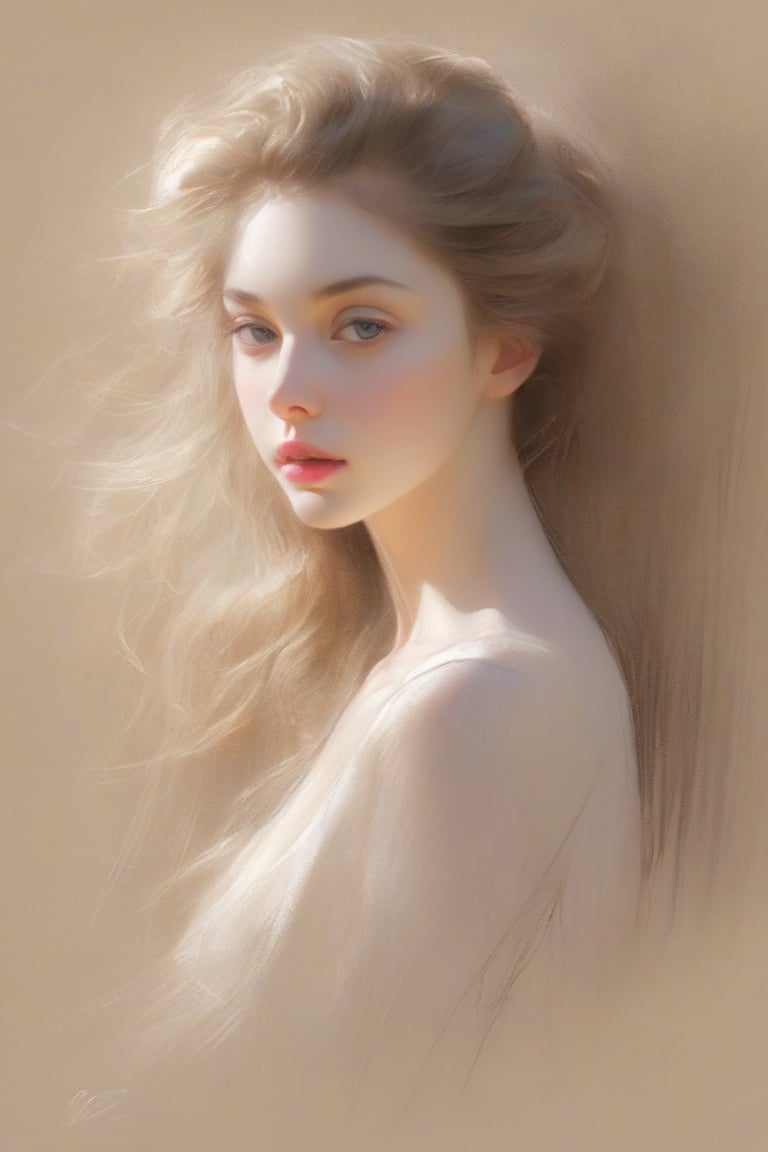 Sketch of a beautiful girl, portrait by Charles Miano, pastel drawing, illustrative art, soft lighting, detailed, more flowing line, elegant, low contrast, add soft blur with thin line,
