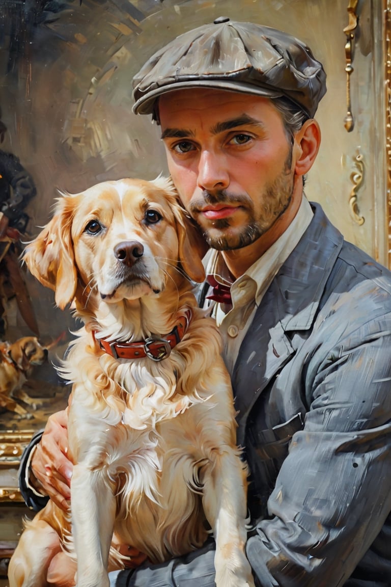 portrait of Pinokkio and his dog, close up, oil painting old master, dynamic light, cinematic light, glow background, vintage style, oil painting striking brushstrokes background greyish, by konstantin razumov, Jean Baptiste Monge,photorealistic,analog