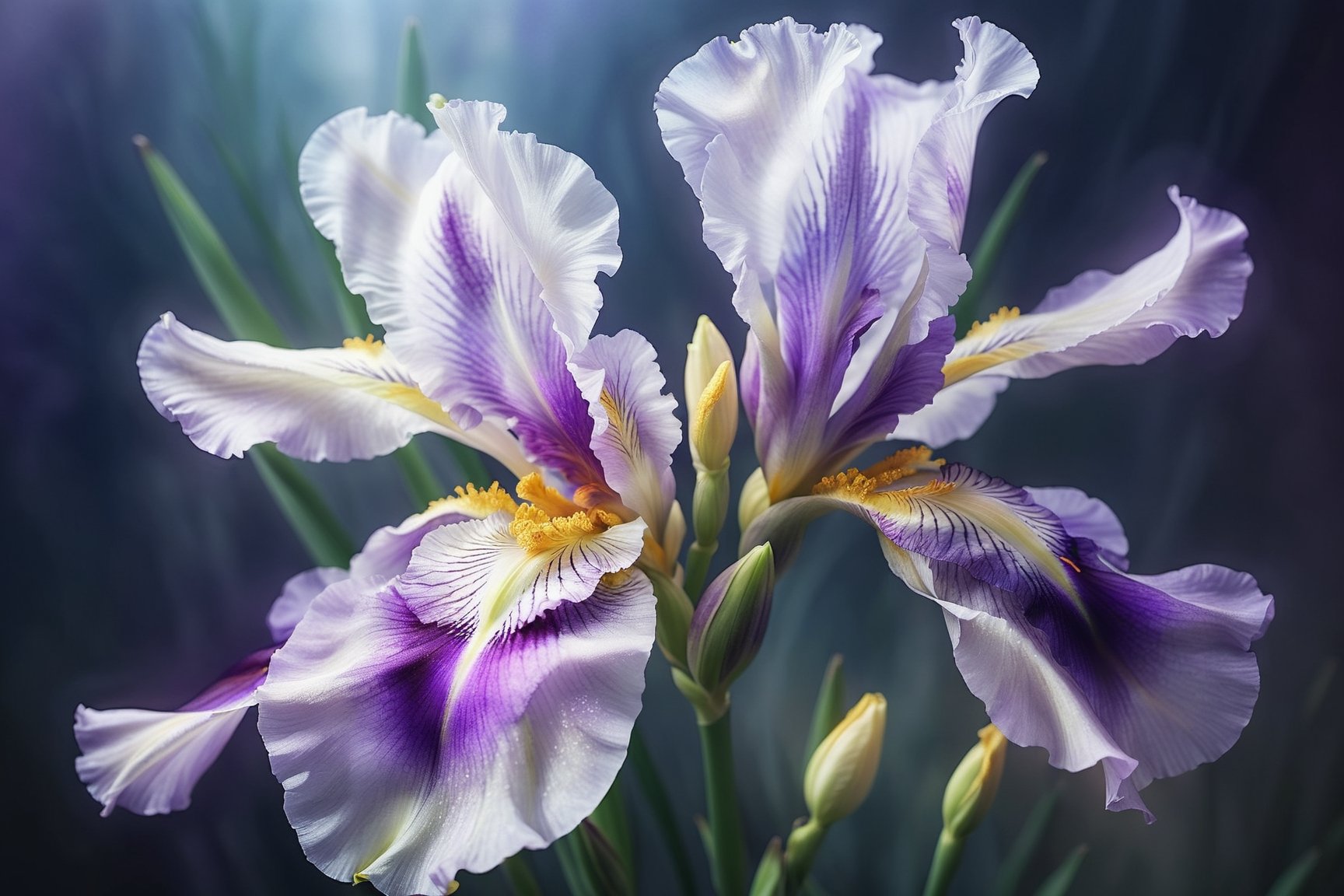 highly detailed, a purple white iris blossom in a soft misty mood, soft lighting, realistic illustration, semi transparent glass like, extremely close up, low contrast, 8k, FlowerStyle, FlowerStyle,FlowerStyle