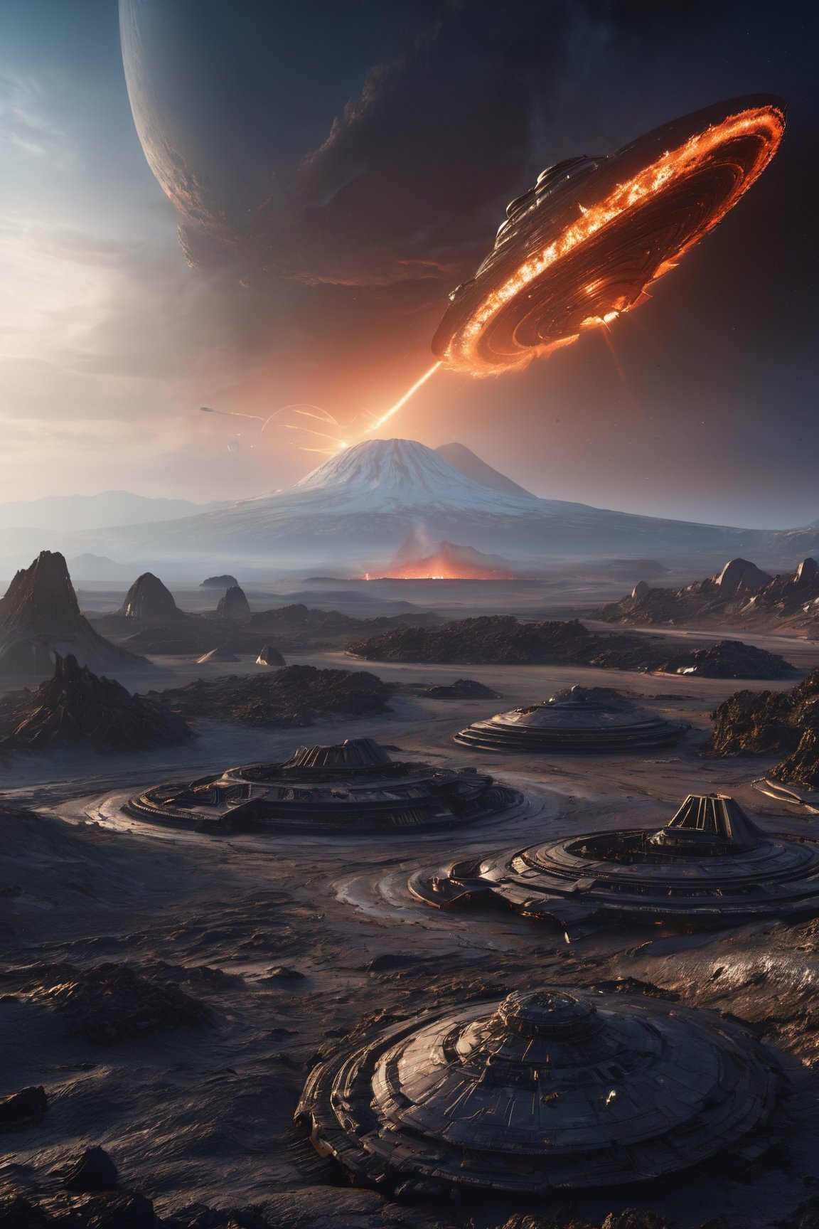 sci-fi aesthetics,  film photography style,  a moody picture of alien landscape where the surface is a very hot and dry by...