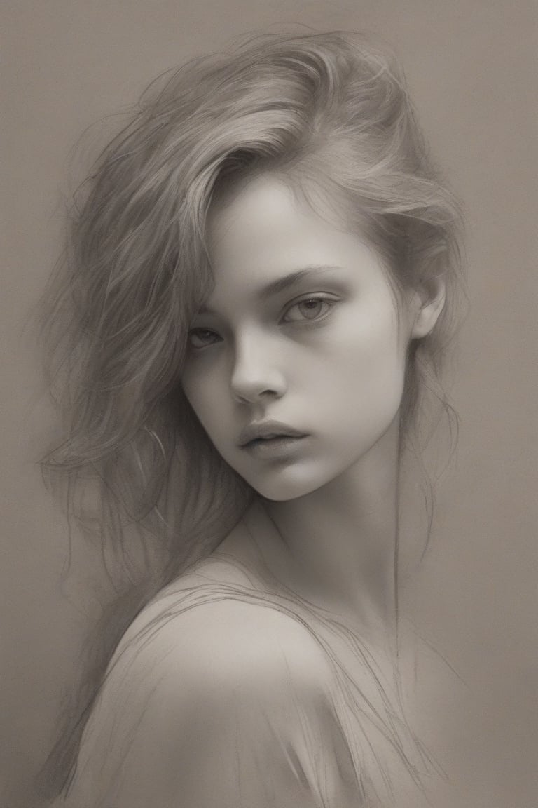 Sketch of a beautiful girl, portrait by Sam Spratt, charcol drawing, illustrative art, soft lighting, detailed, more gray scale, elegant, low contrast, add soft blur with thin line,
