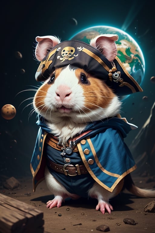 The highest image quality, "Create cute creature masterpieces with highly detailed concept art inspired by them. Let your imagination run wild", (guinea pig), highres, in 8K, The highest image quality, Pirate costume, Red and blue pirate outfit,game icon,earth \(planet\),cat