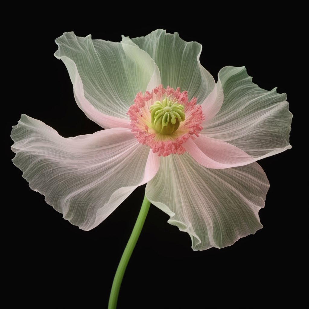 Close-up, poppy flower photo, translucent petals, super detailed, soft light, mist, 