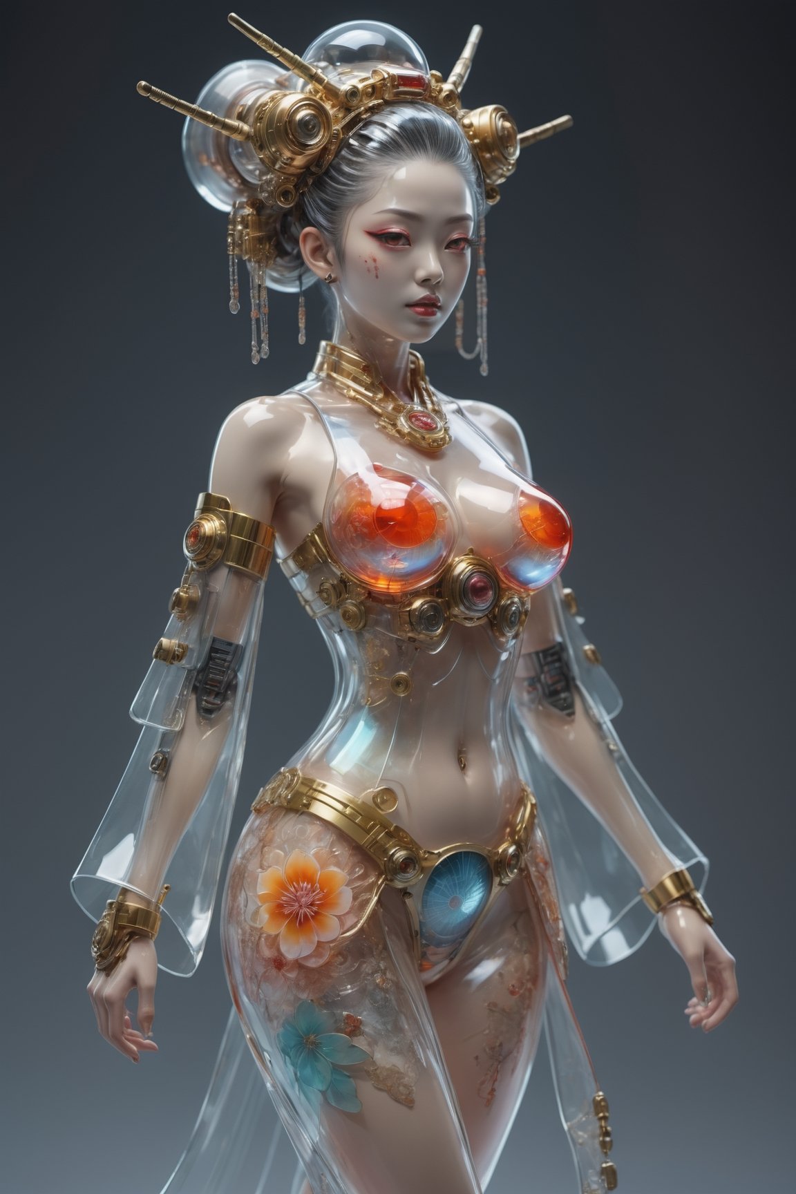 Glass made ultra Detailed translucent ultra hyper detailed,  hyper Realistic cyborg Japanese Oiran Girl,  high-tech cyborg Oiran,  wearing translucent layered kimono,  cyberpunk style,  cyborg style,  cyborg,  android, 