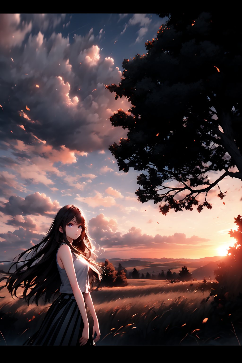 beautiful landscape, sunset, plain, girl watching at sunset, beautiful clouds, beautiful sky, detailed image, beautiful trees, stunning image, perfect use of light, ballad lighting, wind. Detailed