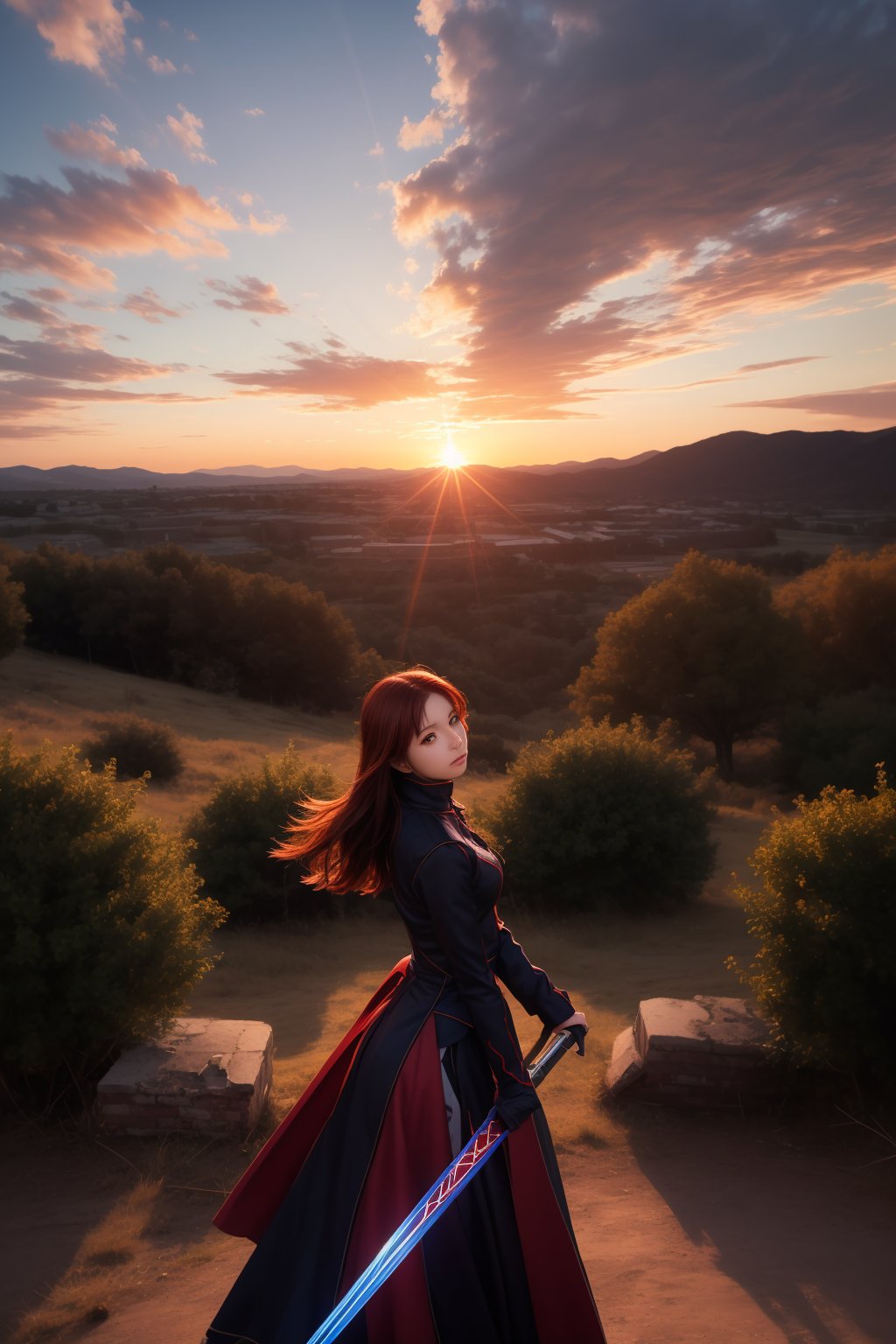 beautiful landscape, sunset, in ruins, cosplayer as a Fate stay night saber anime using Excalibur. 
Beautiful clouds, beautiful sky, detailed image, beautiful trees, perfect use of light, ballad lighting, wind. Detailed, 