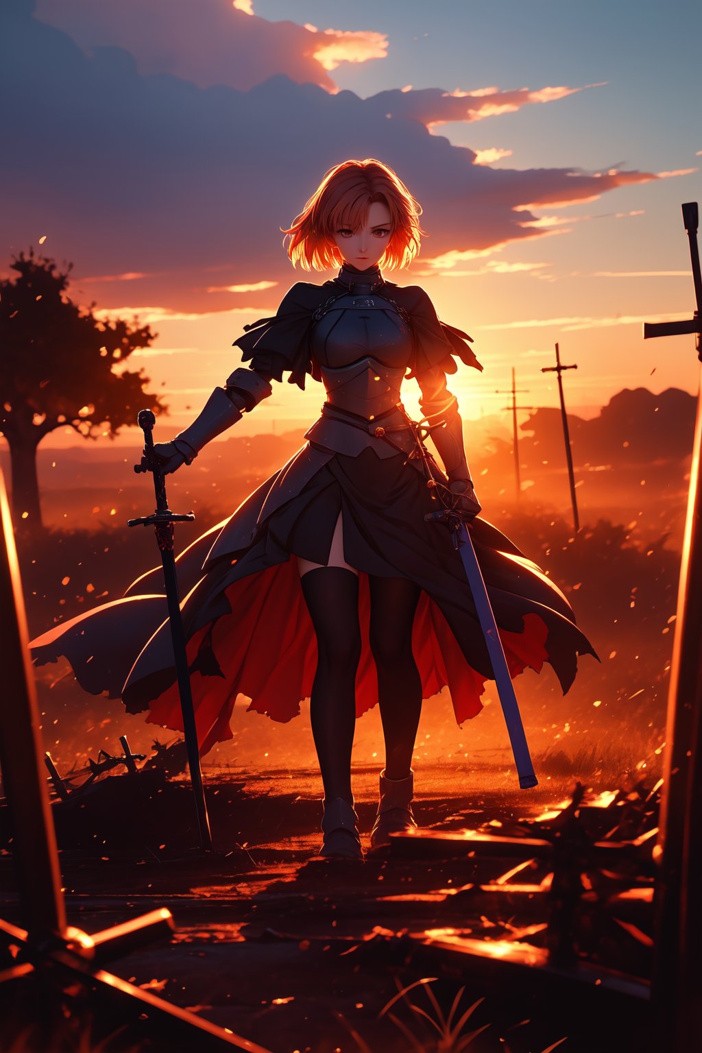 beautiful landscape, sunset, in ruins as a Fate stay night saber anime. Beautiful clouds, beautiful sky, detailed image, beautiful trees, perfect use of light, ballad lighting, wind. Detailed, 