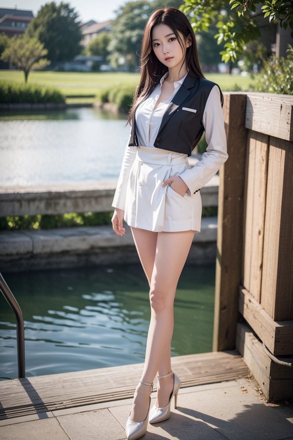 (masterpiece),  realistic,  far to shot,  image of a Japanese female,  full body to feet,  high quality,  8K Ultra HD,  photorealistic has a fully detailed mature face,  Realistically not Ai,  36D, NATURAL,  charming,  detailed face, a sweet girl have long legs with high heels on the footbridge.,1girl, solo, lacus1, 1girl