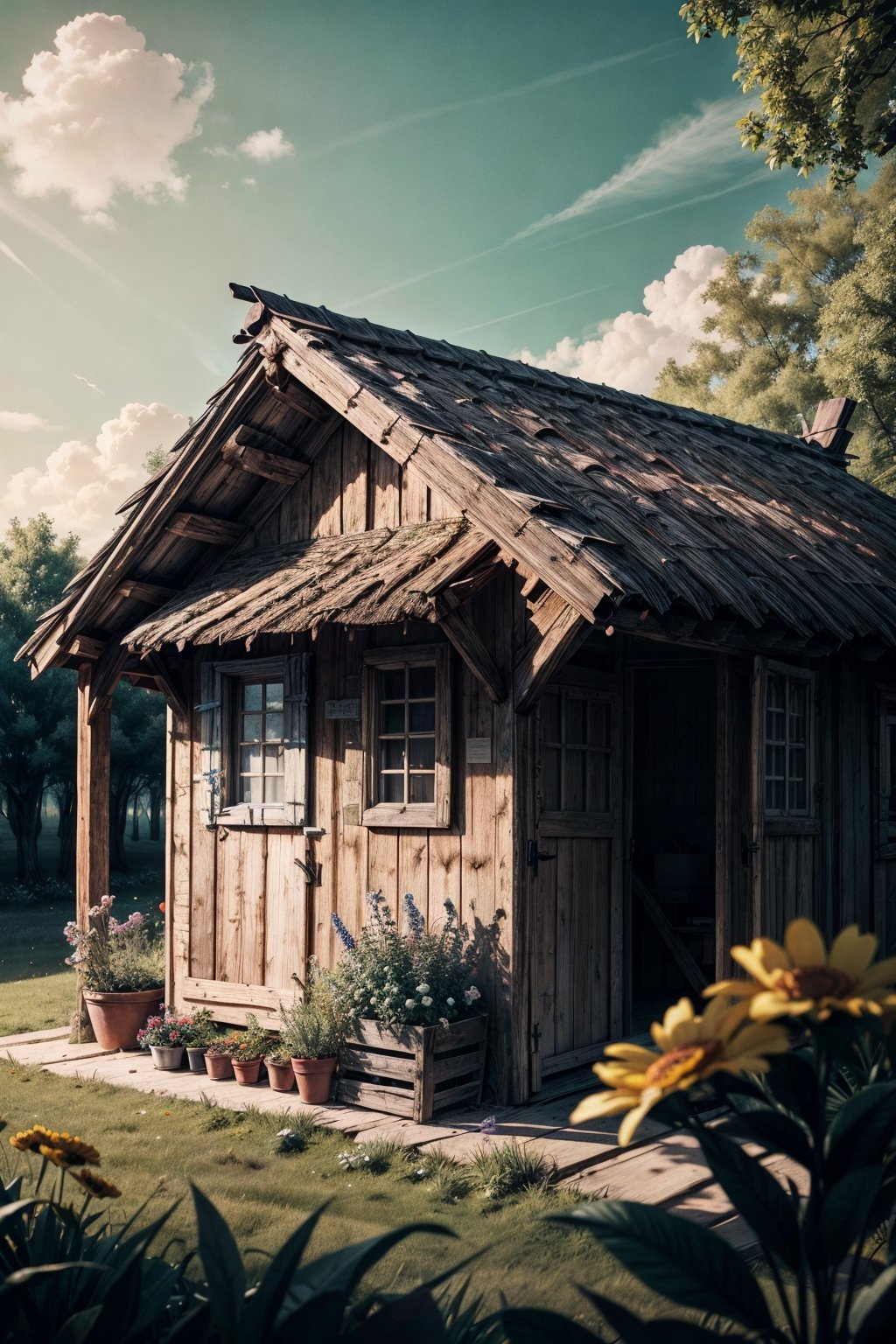 A beautiful small hut, hut's roof covered in a lot of flowers, beautiful clouds, forest, little farm infront of house, vegetable basket near the farm, raw photo, depth of field, UHD, retina, masterpiece, super detail, high details, high quality, award winning, best quality, highres, 1080P, HD, 4K, 8k, 16k, cinematic light, (masterpiece, best quality, ultra-detailed, 8K),

High detailed, Nature,High detailed 