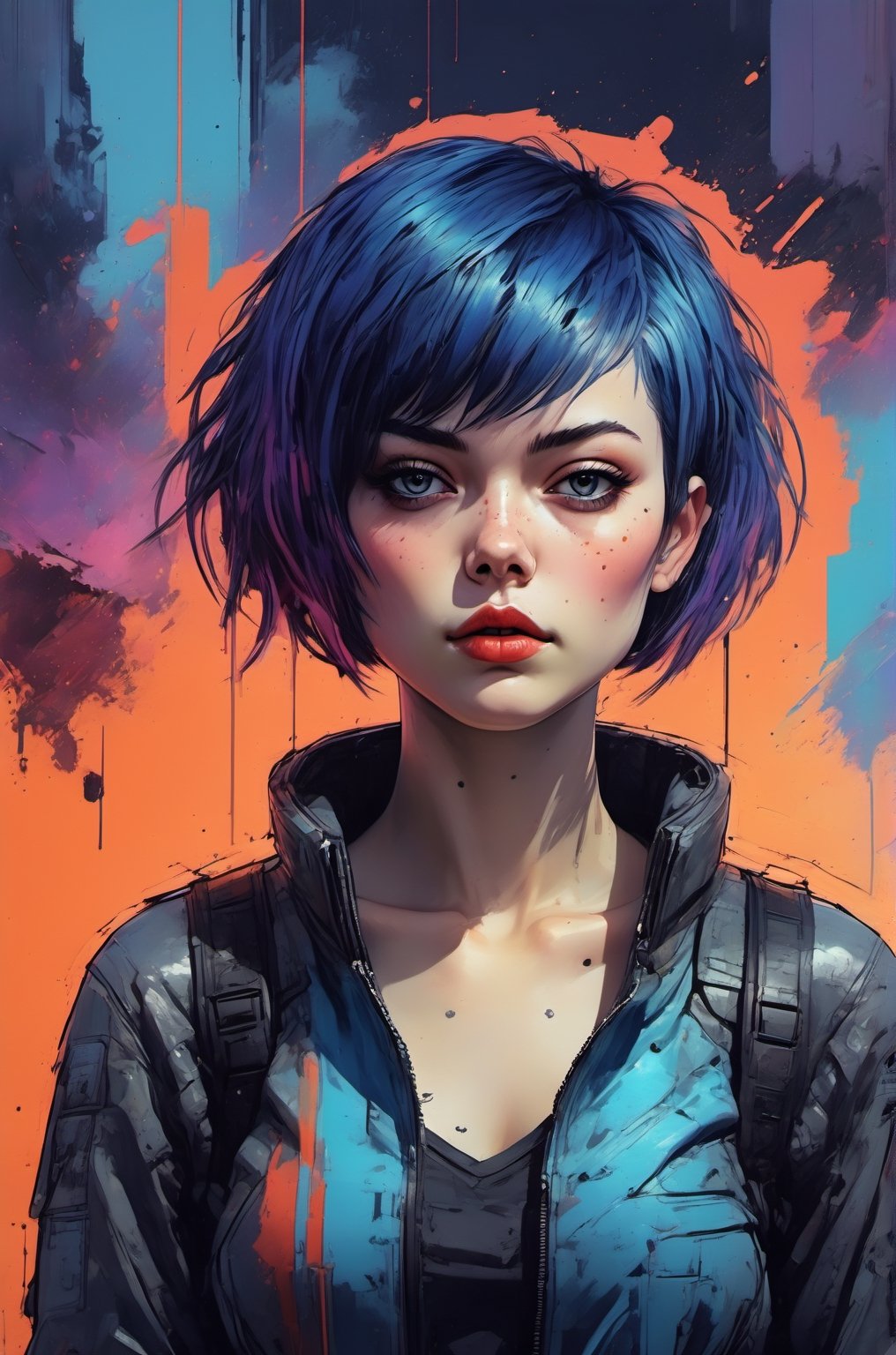 Highly detailed and hyper-realistic painting portrait of ,  standing in a cyberpunk post-futurist city | ,  tough pose by...