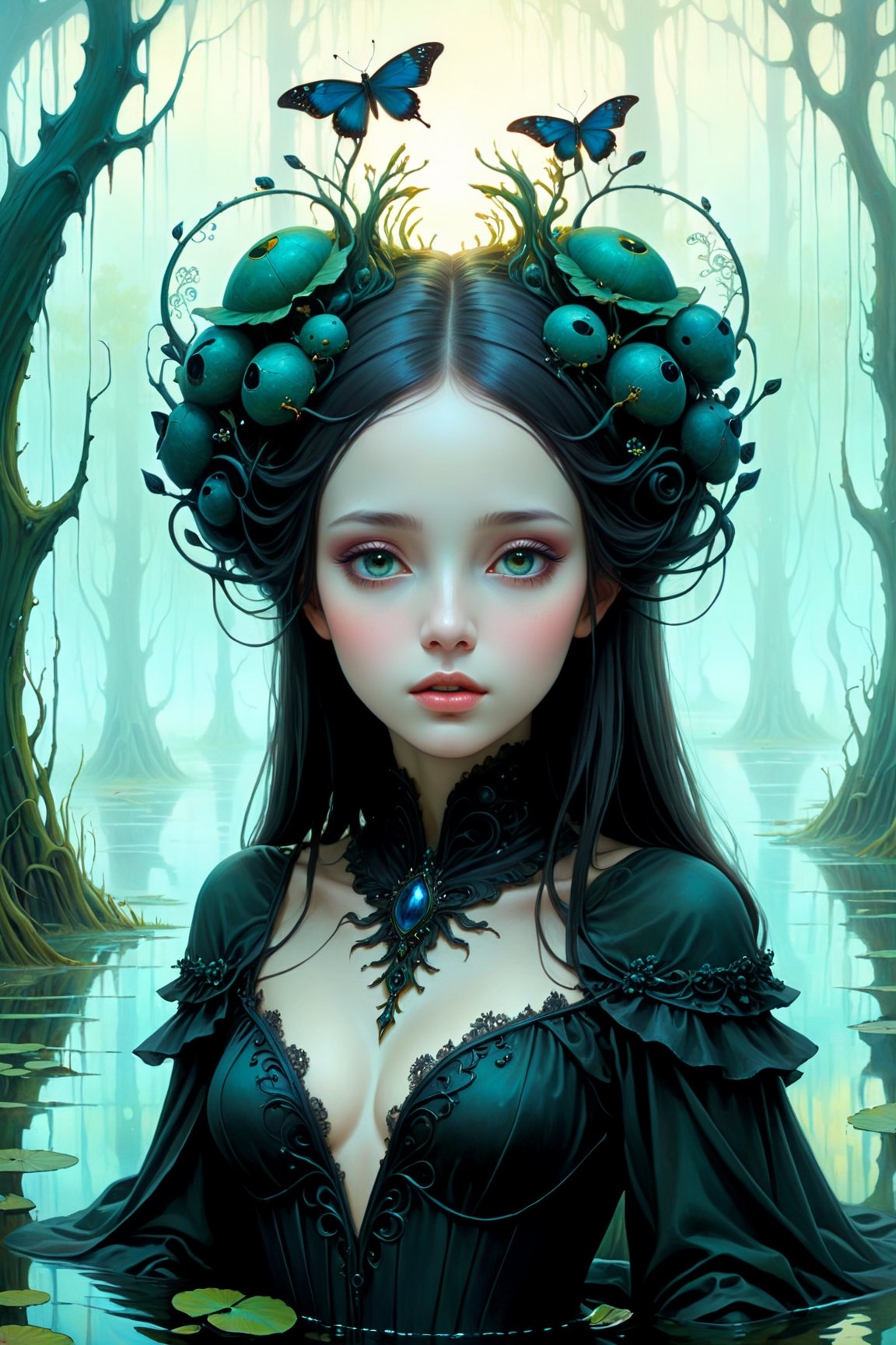 by beksinski,  beautiful ethereal female,  Little Lady in Noir Swamp of Change by Mane Frame on Tensor.Art