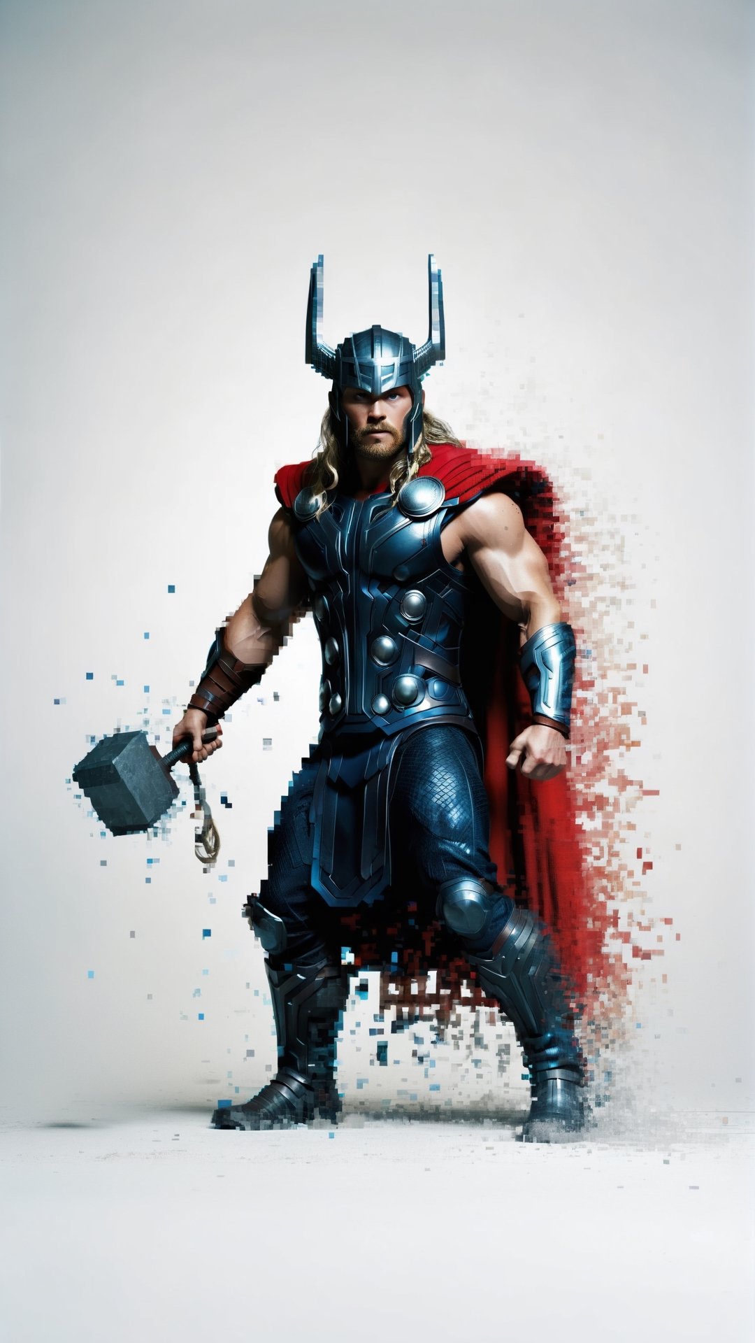 centered, extremely detailed, high resolution, a picture of Thor  walking by and dissolving into pixels, cinematic,  volumetric dramatic lighting, intricate, shadow, (((white backkground)))