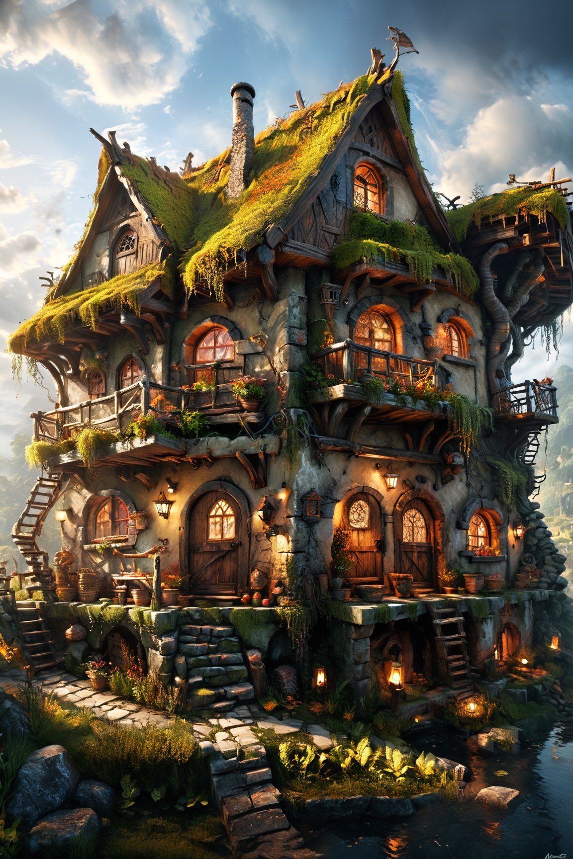 (masterpiece:1.2), best quality, high resolution, unity 8k wallpaper, (illustration:1), perfect lighting, photo(medium), photorealistic, realistic, a fantasy city built on the ruins of an ancient civilization, plants, extremely detailed, cloudy sky, (wooden homes:1.3), besides Grenadian-style (large terrace:1.4) with roof, summer landscape, ((reflections in water)), wide color coverage, diverse wildlife, fantasy art, hansel and gretel, (dark lighting, orange:0.7), on eye level, expressionistic, legends, beauty, concept art, volumetric lighting, beautiful, sink, summer, hdr, shading, physically-based rendering), grass,

EpicLand, detailmaster2,detailmaster2