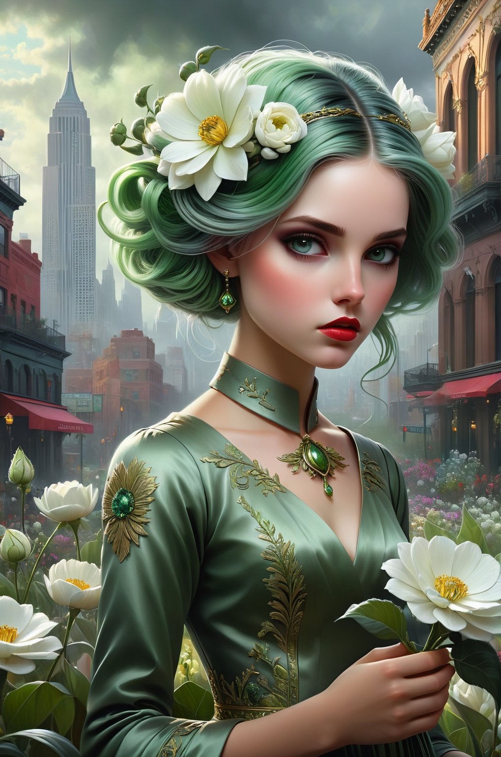 art by by Tom Bagshaw, an award-winning 16K digital painting, A perfectly detailed and intricate full-length image of a flower girl, green hair and in a beautiful setting against the backdrop of a powerful city, the plants and white flowers she sells masterfully convey the breathtaking chaos and drama of the scene. The perfectly beautiful and cinematic composition makes this work a real masterpiece, fashionable on artstation perfect ultra highly detailed, detailed perfect digital painting, highly detailed, intricated intricated pose, clarity, high quality