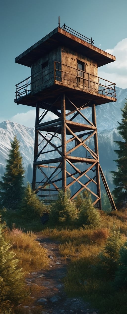 a watch tower,  trees and mountains. hyperrealistic,  gritty by Mane Frame on Tensor.Art