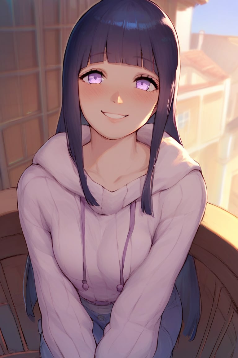 score_9, score_8_up, score_7_up, score_6_up, Hinata Hyuuga(Shippuden), thin clothes, 1girl, looking at the viewer, blushed smile, in balcony, source_anime