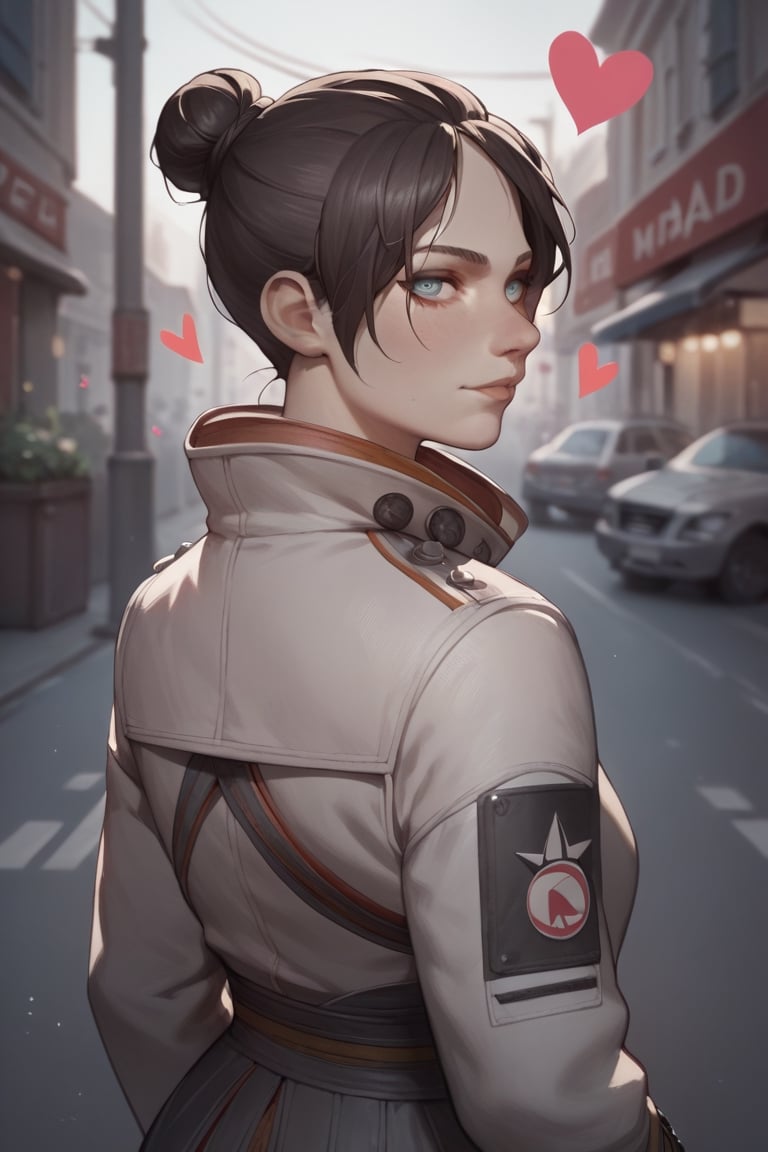 score_9, score_8_up, score_7_up, score_6_up, source_anime, ratings_safe, 1girl, Wraith(From Apex Legends), from behind, looking backwards, looking at the viewer, smiles, street background, portrait, hearts, black stroke lines, motion_lines, anime style, illustration