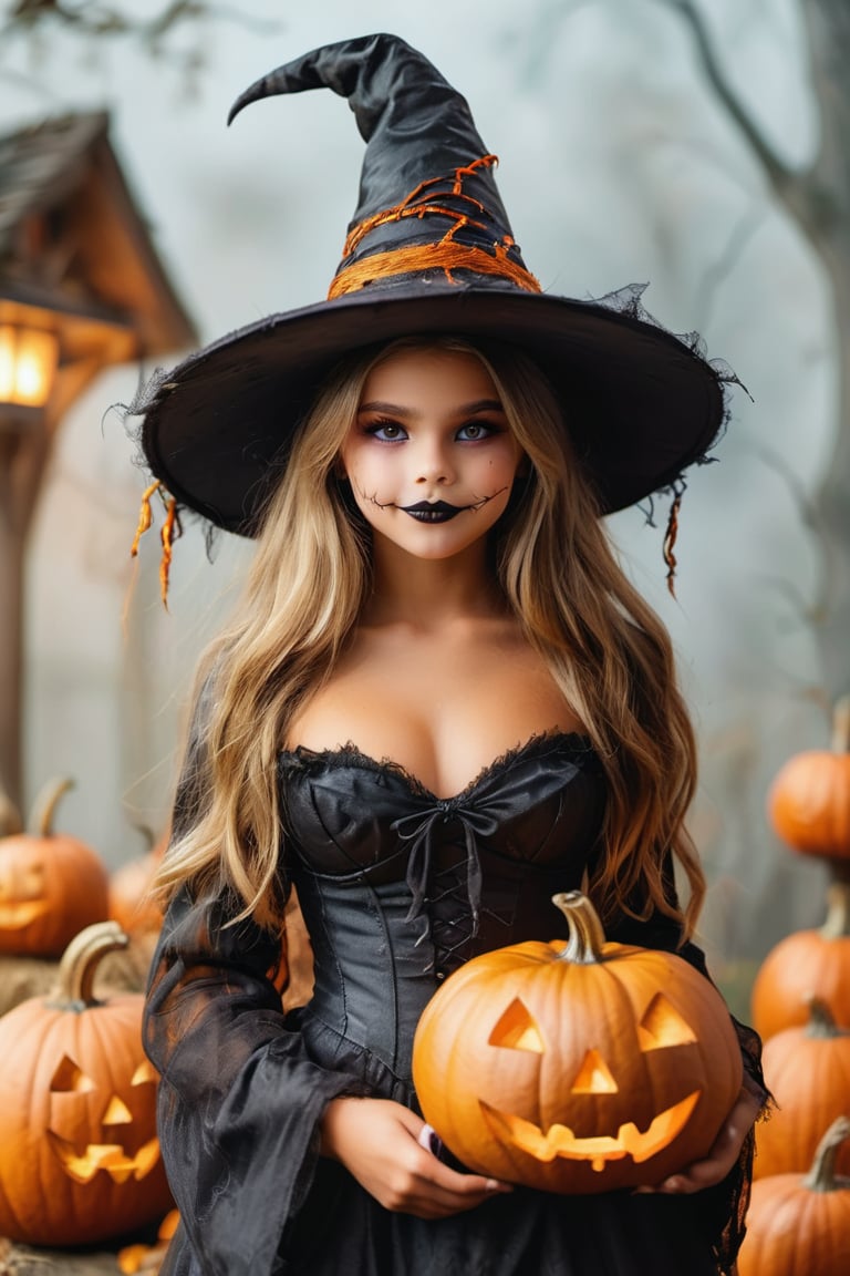 1 woman ,8k RAW photo, （（Halloween Style））top-quality, witch clothing、Witch's broom、Halloween Pumpkins、holding jack-o'-lantern glowing flame, ​masterpiece,A high resolution, film grains, filmg, 1girl in, looking at the viewers, natural skin textures, realistic eyes and face details, Perfect tooth alignment、Perfect eyes and perfect mouth、 bangss, Halloween hat、halloween makeup style、Clothes are disheveled、full body Esbian, #Halloween2024