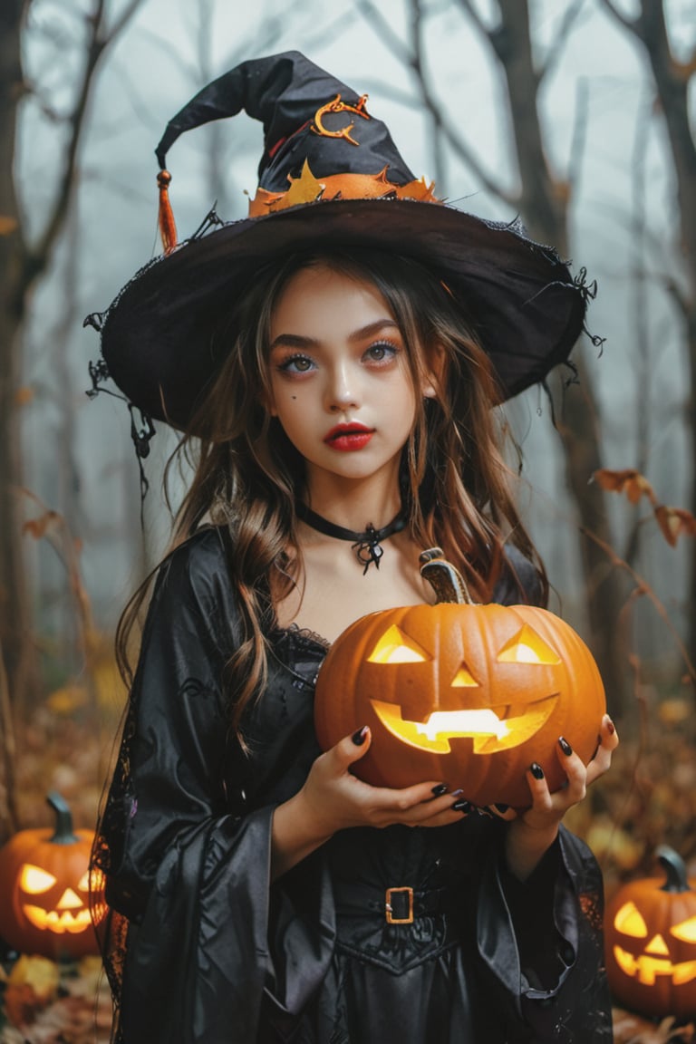 1 woman ,8k RAW photo, （（Halloween Style））top-quality, witch clothing、Witch's broom、Halloween Pumpk、holding jack-o'-lantern glowing flame, ​masterpiece,A high resolution, film grains, filmg, 1girl in, looking at the viewers, natural skin textures, realistic eyes and face details, Perfect tooth alignment、Perfect eyes and perfect mouth、in the dark of the night time, in a spooky forest, witch castle in the background, dark atmosphere, Halloween hat、halloween makeup style、Clothes are disheveled、full body Esbian, #Halloween2024