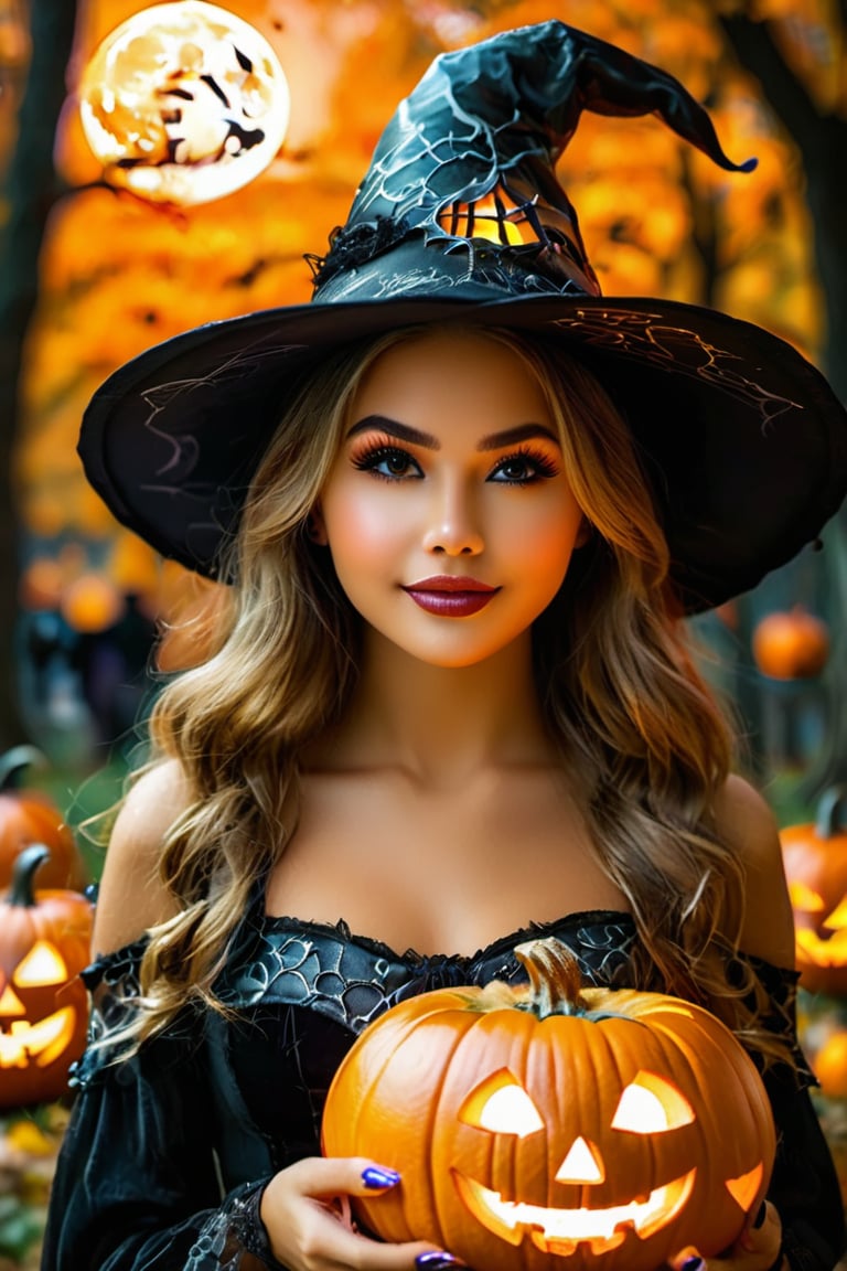 Woman in a Halloween cosplay , (highly detailed face:1.4), Ultra High Resolution, (Realistic: 1.4),（（Halloween Style））top-quality、Halloween Pumpk、holding jack-o'-lantern glowing flame, 、in the dark of the night time, in a spooky forest, Witch castle in the background, dark atmosphere, Halloween hat、halloween makeup style, #Halloween2024