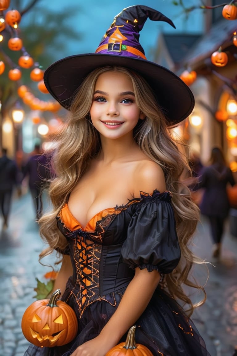 ((masterpiece)), ((best quality)), (ultra-detailed),  cute, (lovely), ((extremely detailed)), 4K, (8K), best quality, (beautiful), illustration, ((upper body)), a pretty woman, solo, wearing Halloween costume, walking through city streets, dressed as witch, festive lights, pumpkins decorations, joyful mood, night atmosphere, smile, (beautiful hair), (beautiful eyes), #Halloween2024