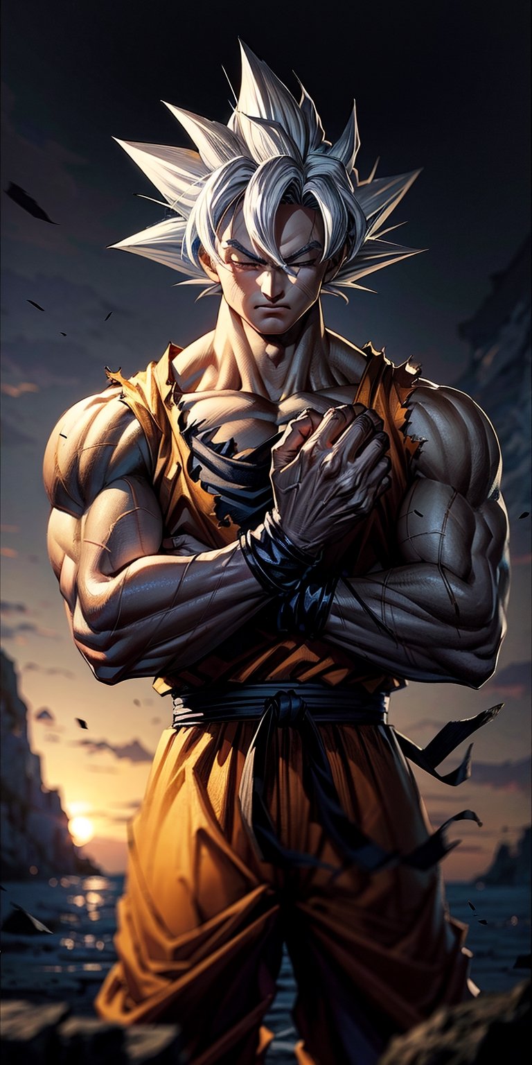 masterpiece, high quality, detailed lighting, son goku, (solo), 1boy, battle damage, (best quality), muscular, blue sky, blurry, blurry background, glacier, male focus, sky, solo, ultra instinct, white hair, torn clothes, (good hands), (masterpiece), anatomy, eyes closed, hands clasped in prayer, son goku, son goku, giant_this_guy