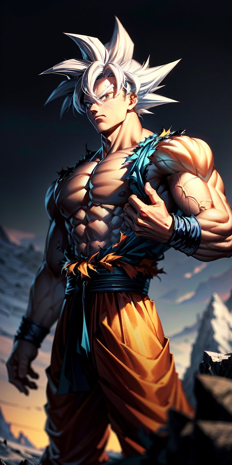 masterpiece, high quality, detailed lighting, son goku, (solo), 1boy, battle damage, (best quality), muscular, blue sky, blurry, blurry background, glacier, male focus, sky, solo, ultra instinct, white hair, torn clothes, (good hands), (masterpiece), anatomy, , son goku,son goku,giant_this_guy