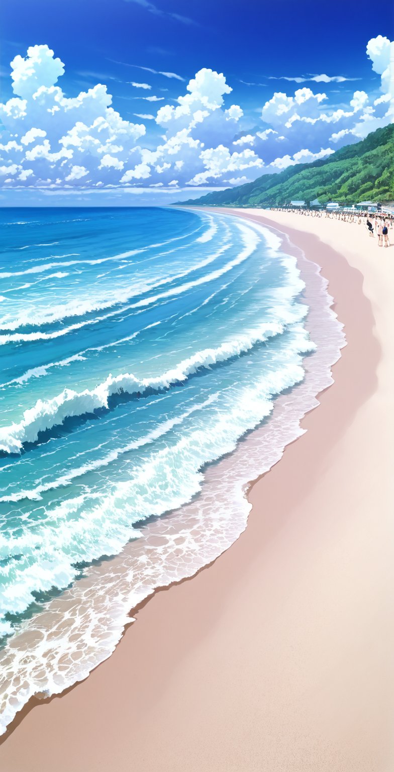 source_anime, anime coloring, summer, hinaduki suika, waves, beach, blue sky, (clouds:0.8), masterpiece, best-quality, highest-definition, ultra-detailed, high-resolution, intricate,
,background, no people, without people,sao_style,scenery