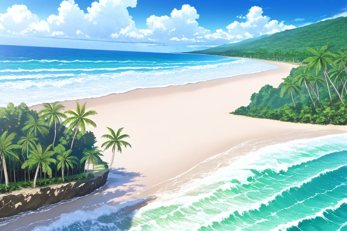 source_anime, anime coloring, summer, hinaduki suika, waves, beach, blue sky, (clouds:0.8), masterpiece, best-quality, highest-definition, ultra-detailed, high-resolution, intricate, Along the edges of the art, green palm leaves are out of focus
,background, no people, without people,sao_style,scenery