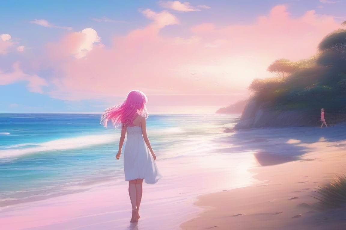 Girl walking on the beach in the daytime,  white dress,  pink hair by JustHavingFun on Tensor.Art