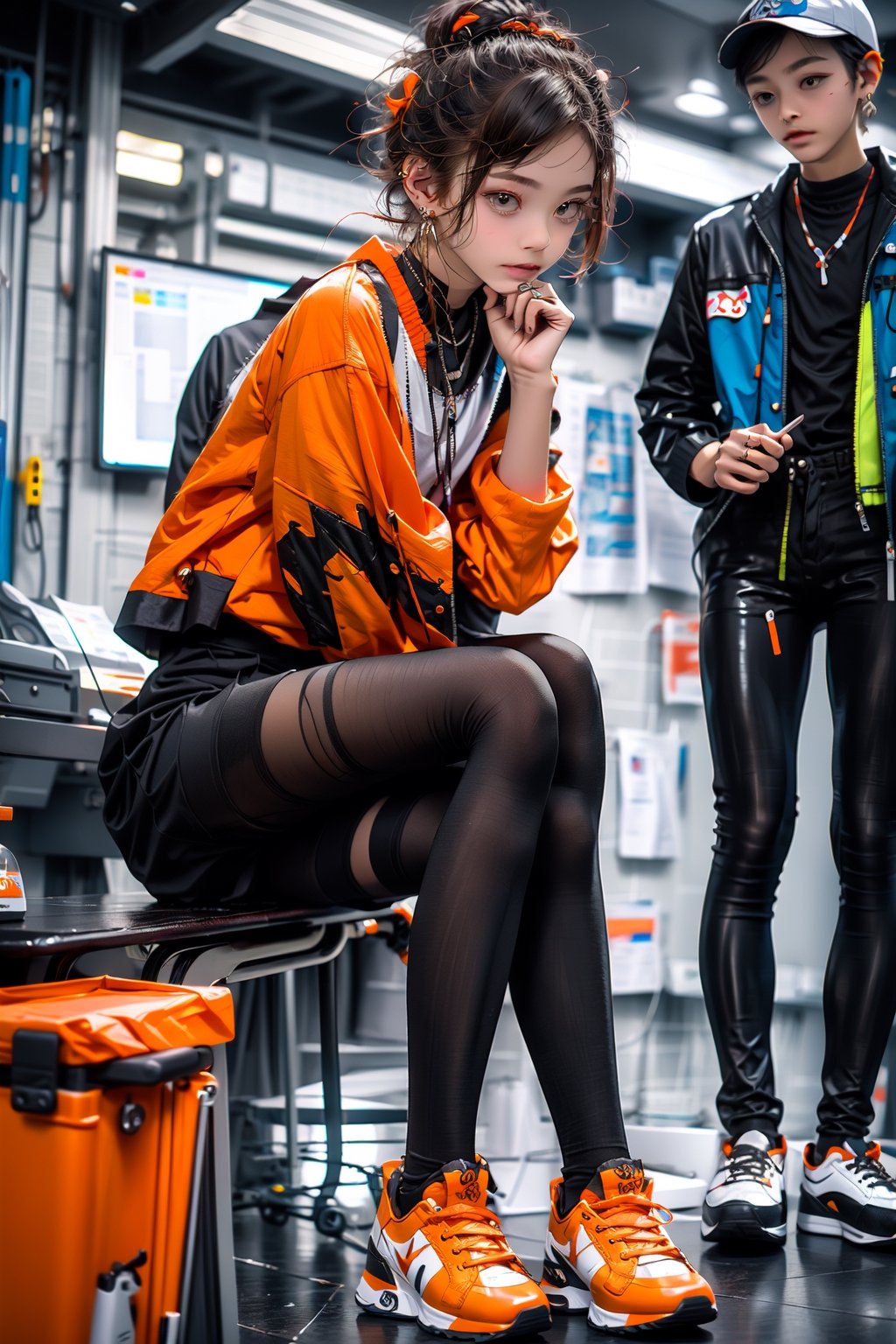 yellow_jacket, 1girl,  oversized_clothes , white_hair , sneakers , sitting inside a subway