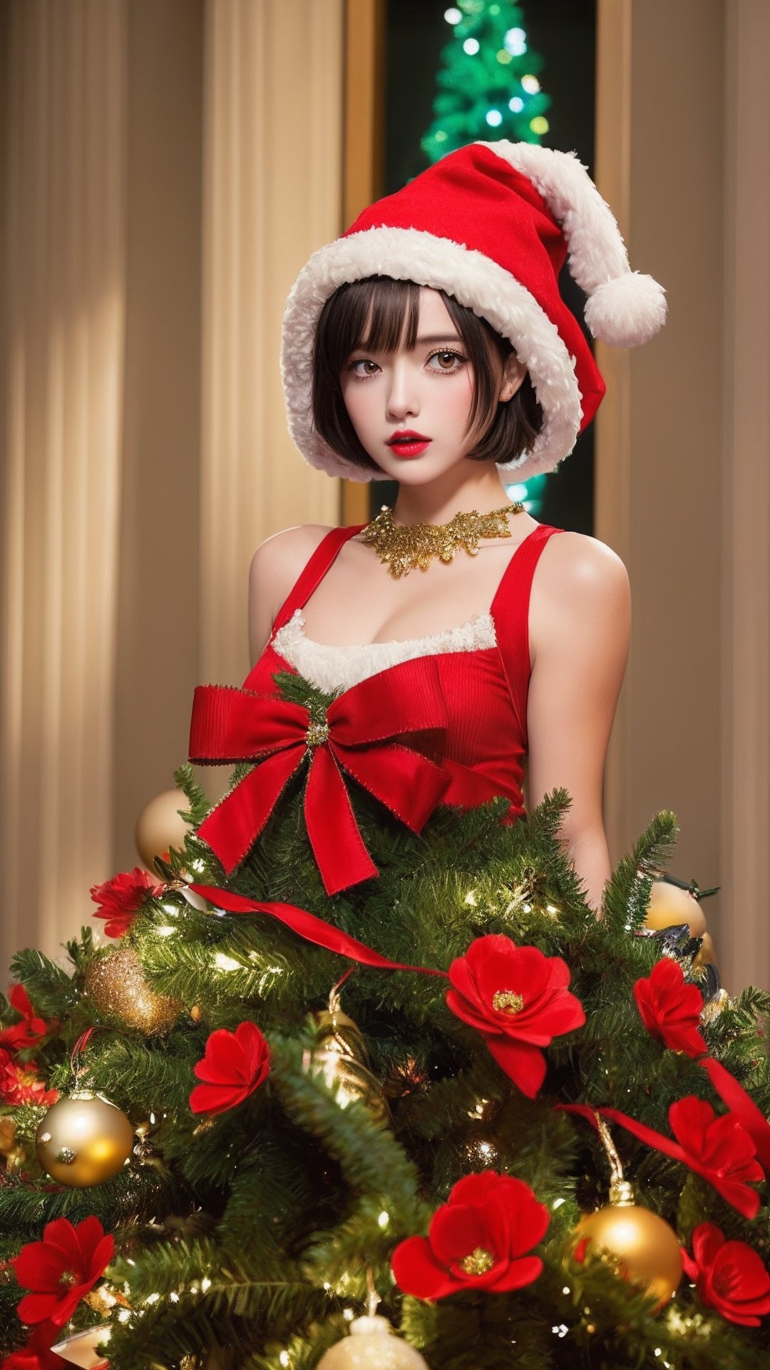 1girl, (masterpiece, top quality, best quality, official art, beautiful and aesthetic:1.2), short hair , extreme detailed, (flowers), (fractal art), colorful, upperbody, christmas hat, christmas tree